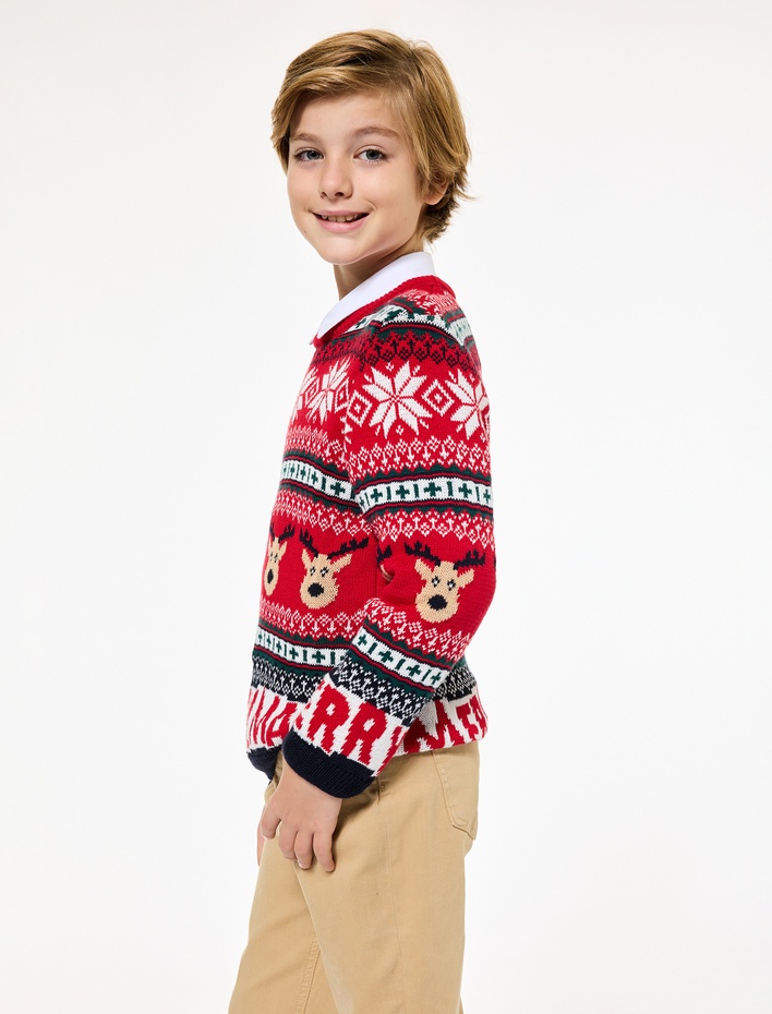 Erkek Çocuk Bisiklet Yaka Uzun Kollu Yılbaşı Desenli Triko Kazak