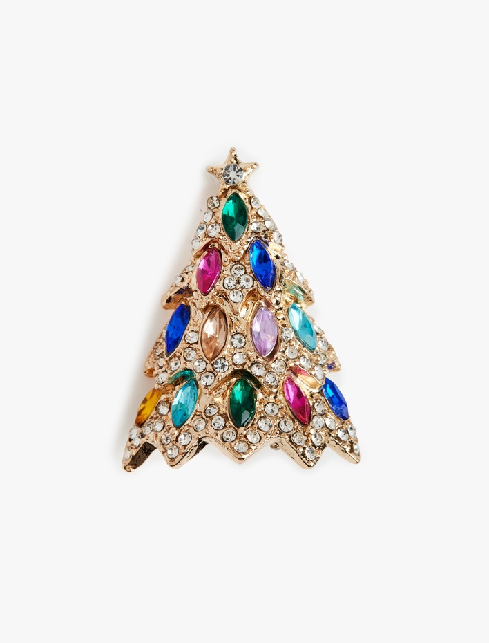 Kadın Yılbaşı Ağacı Temalı Taş Detaylı Broş