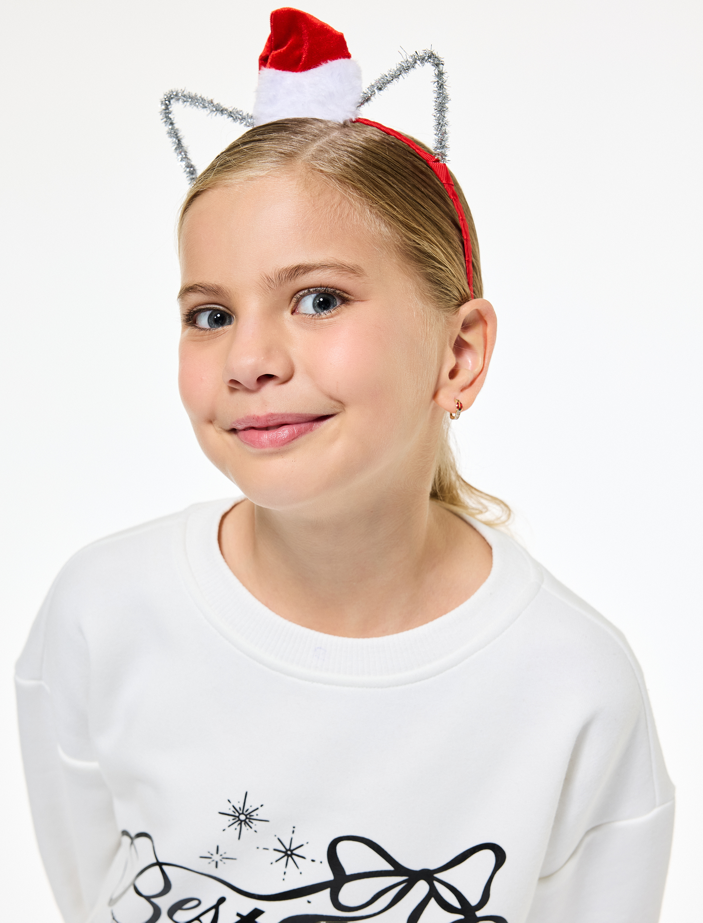  Kız Çocuk Uzun Kollu Bisiklet Yaka Yılbaşı Baskılı Sweatshirt