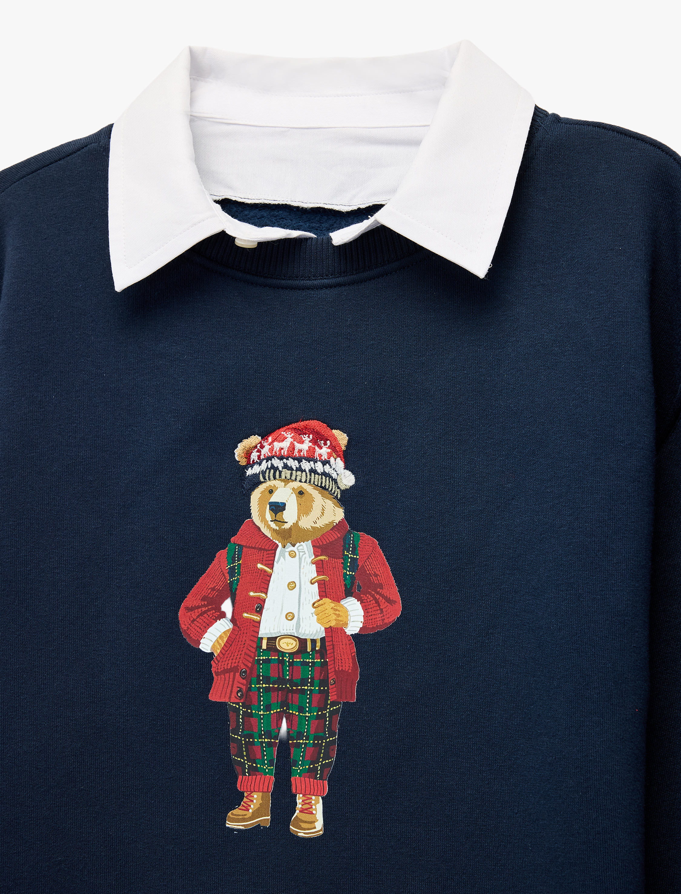  Erkek Çocuk Uzun Kollu Ayıcık Baskılı Gömlek Yaka Oversize Yılbaşı Sweatshirt