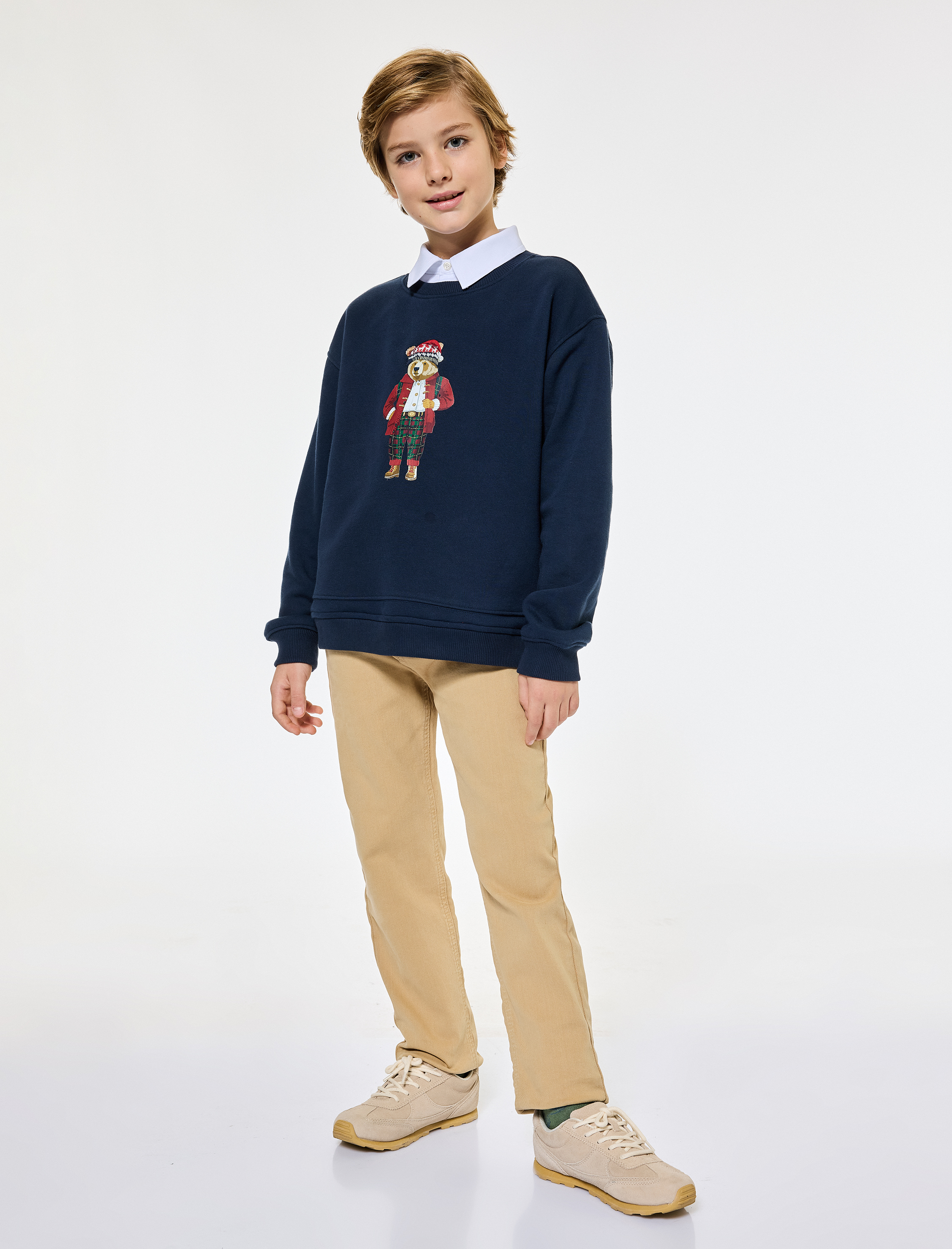  Erkek Çocuk Uzun Kollu Ayıcık Baskılı Gömlek Yaka Oversize Yılbaşı Sweatshirt