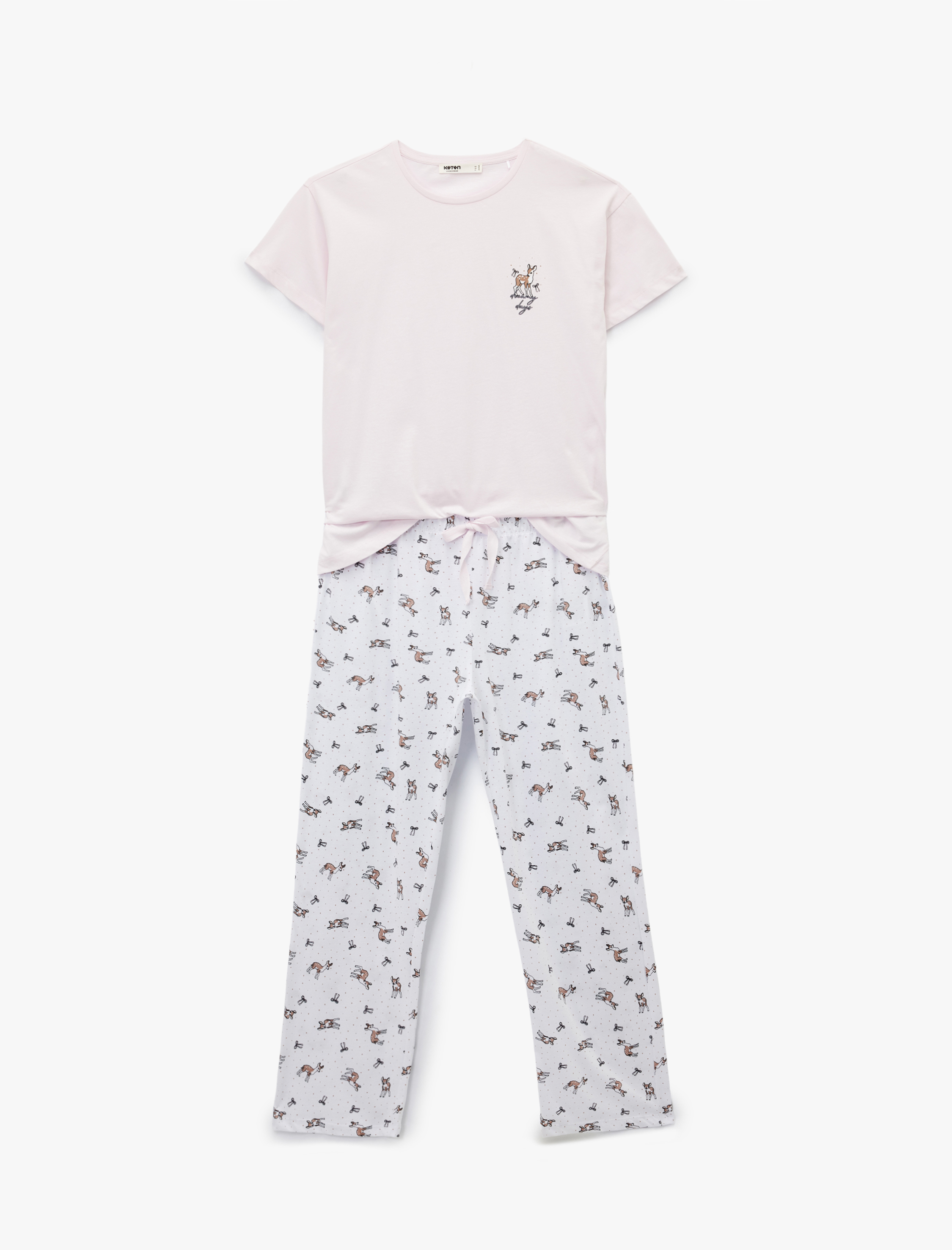   Bisiklet Yaka Kısa Kollu Baskılı Pamuklu Pijama Takımı