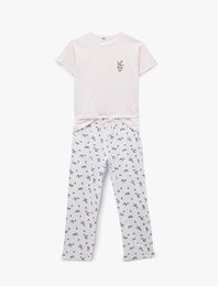 Bisiklet Yaka Kısa Kollu Baskılı Pamuklu Pijama Takımı
