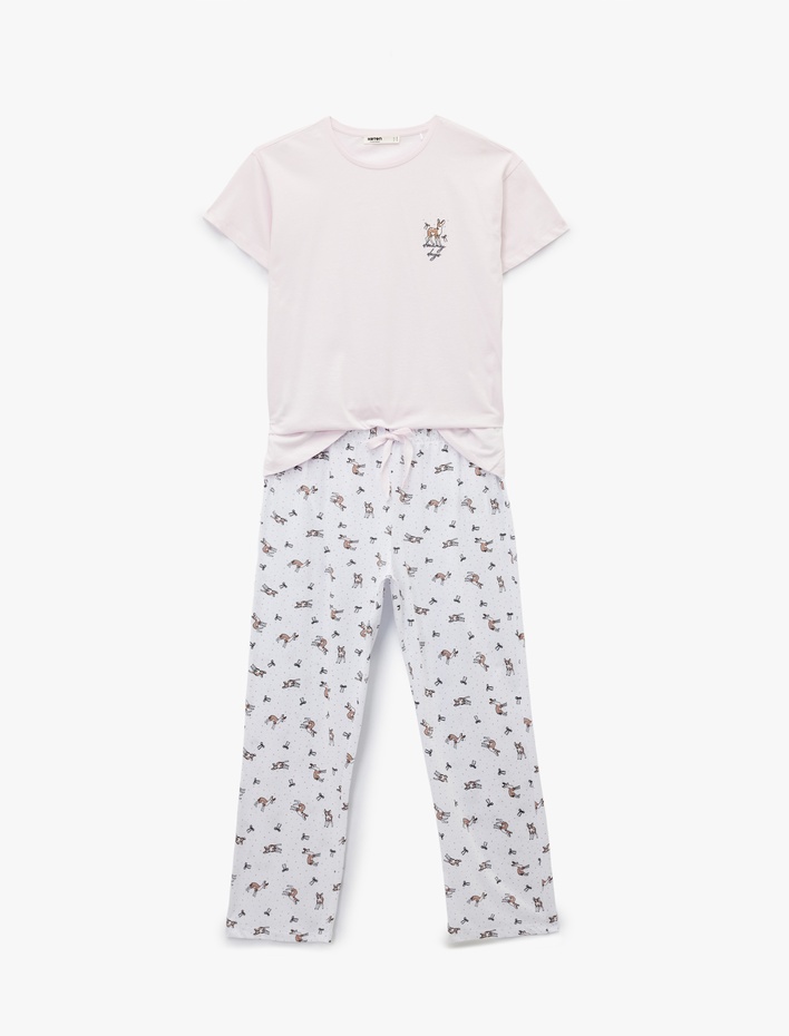  Bisiklet Yaka Kısa Kollu Baskılı Pamuklu Pijama Takımı