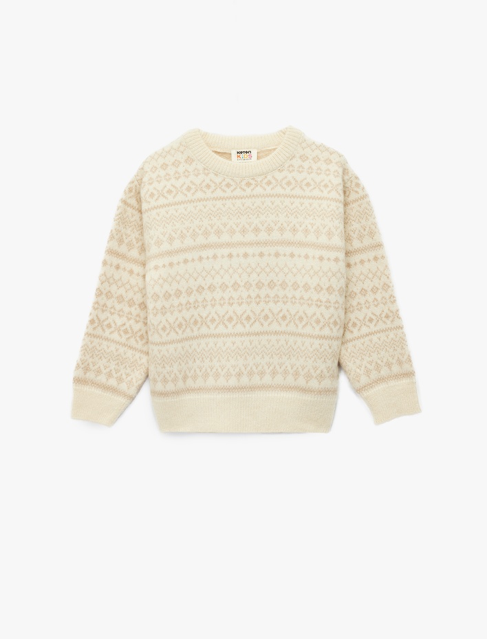 Kız Çocuk Uzun Kollu Bisiklet Yaka Desenli Triko Kazak