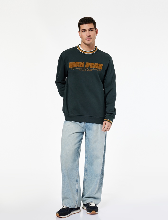  Uzun Kollu Şerit Detaylı Bisiklet Yaka Nakışlı Sweatshirt