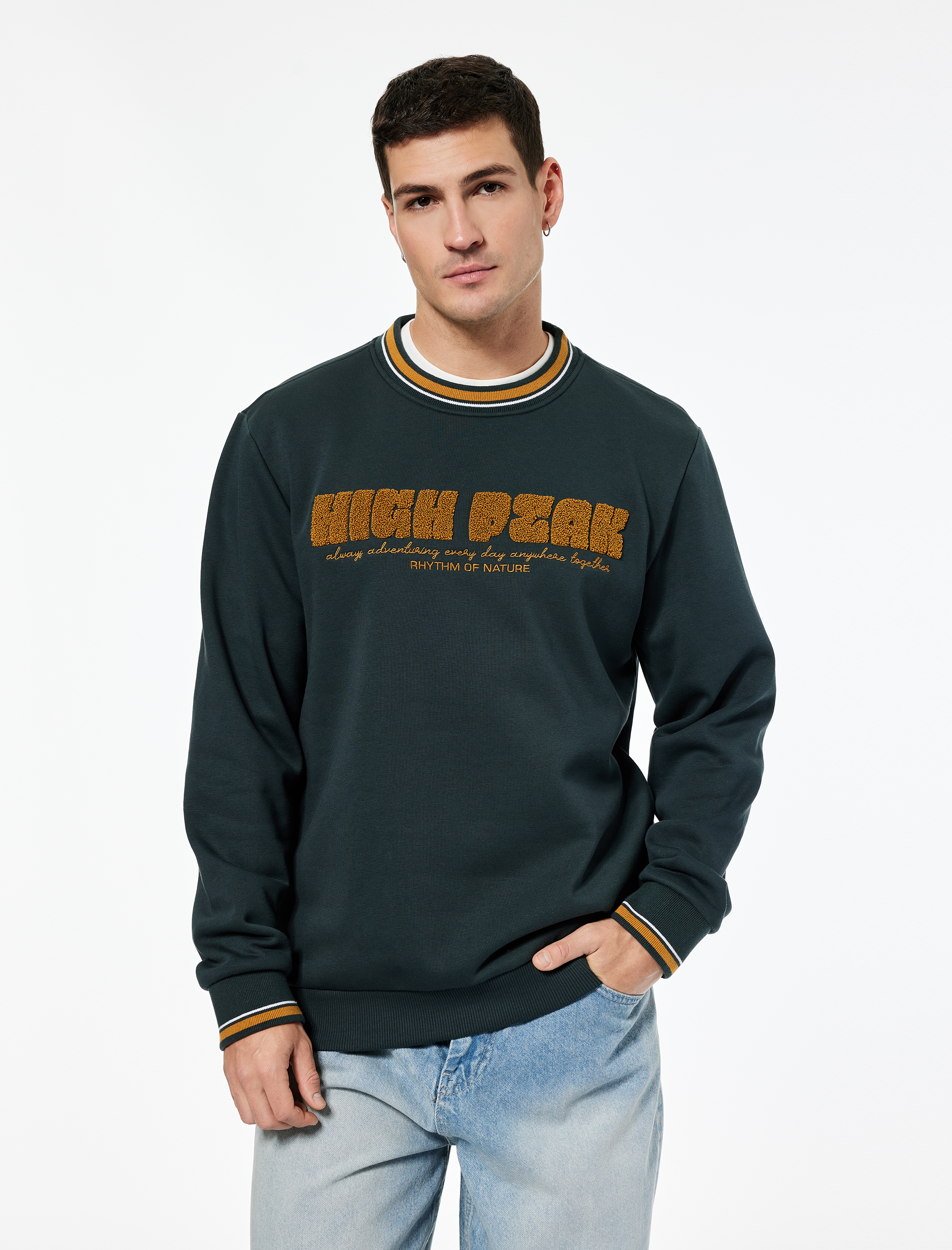   Uzun Kollu Şerit Detaylı Bisiklet Yaka Nakışlı Sweatshirt