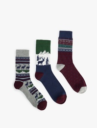 Çok Renkli Yılbaşı Temalı Pamuklu 3'lü Soket Çorap Seti