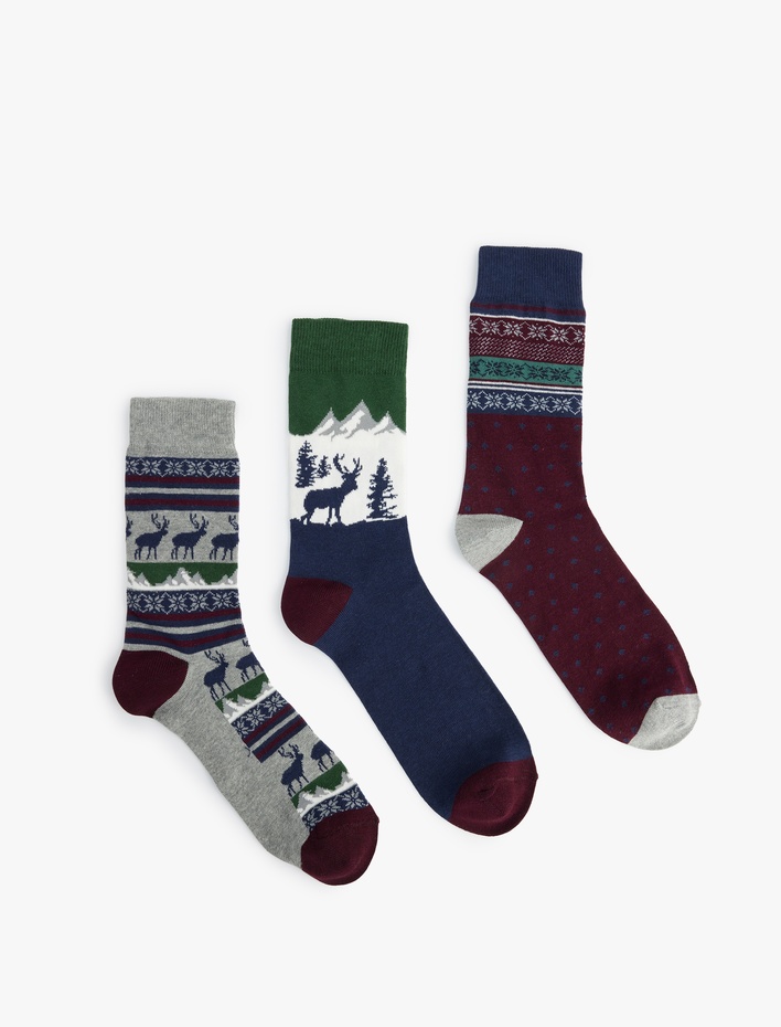 Erkek Çok Renkli Yılbaşı Temalı Pamuklu 3'lü Soket Çorap Seti