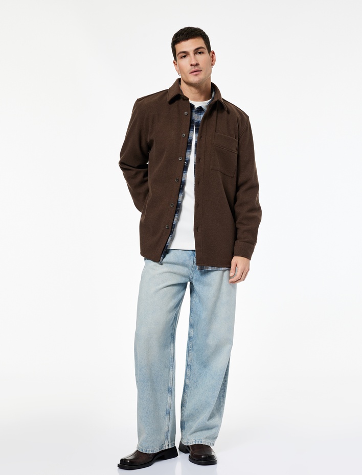  Viskon Karışımlı Cep Detaylı Uzun Kollu Düğmeli Klasik Yaka Gömlek Ceket