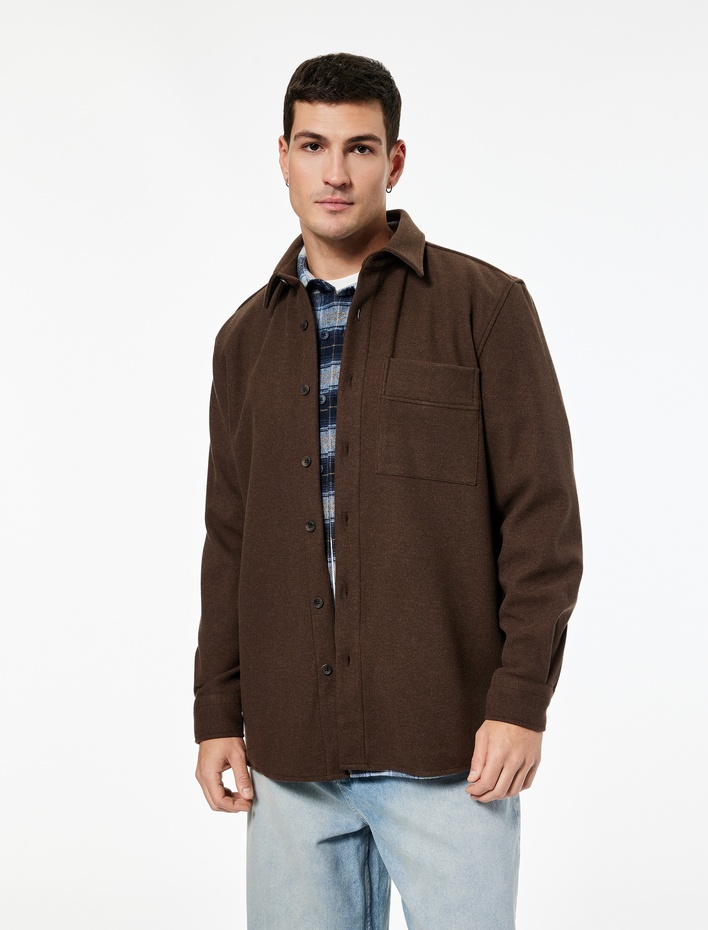  Viskon Karışımlı Cep Detaylı Uzun Kollu Düğmeli Klasik Yaka Gömlek Ceket