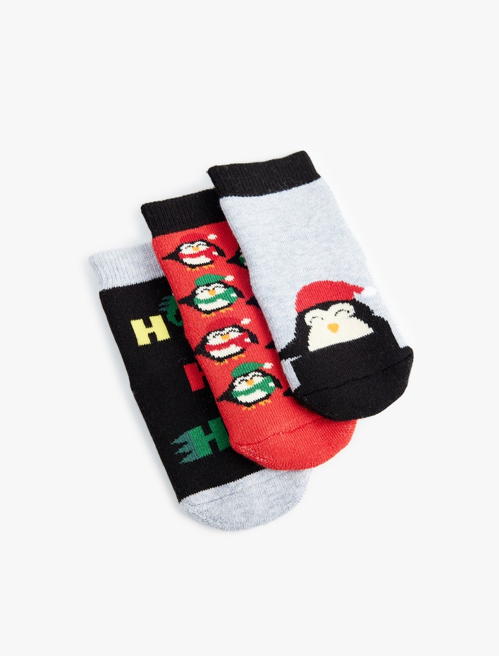 Erkek Bebek Yılbaşı Temalı Penguen Detaylı Pamuklu Havlu Çorap Seti