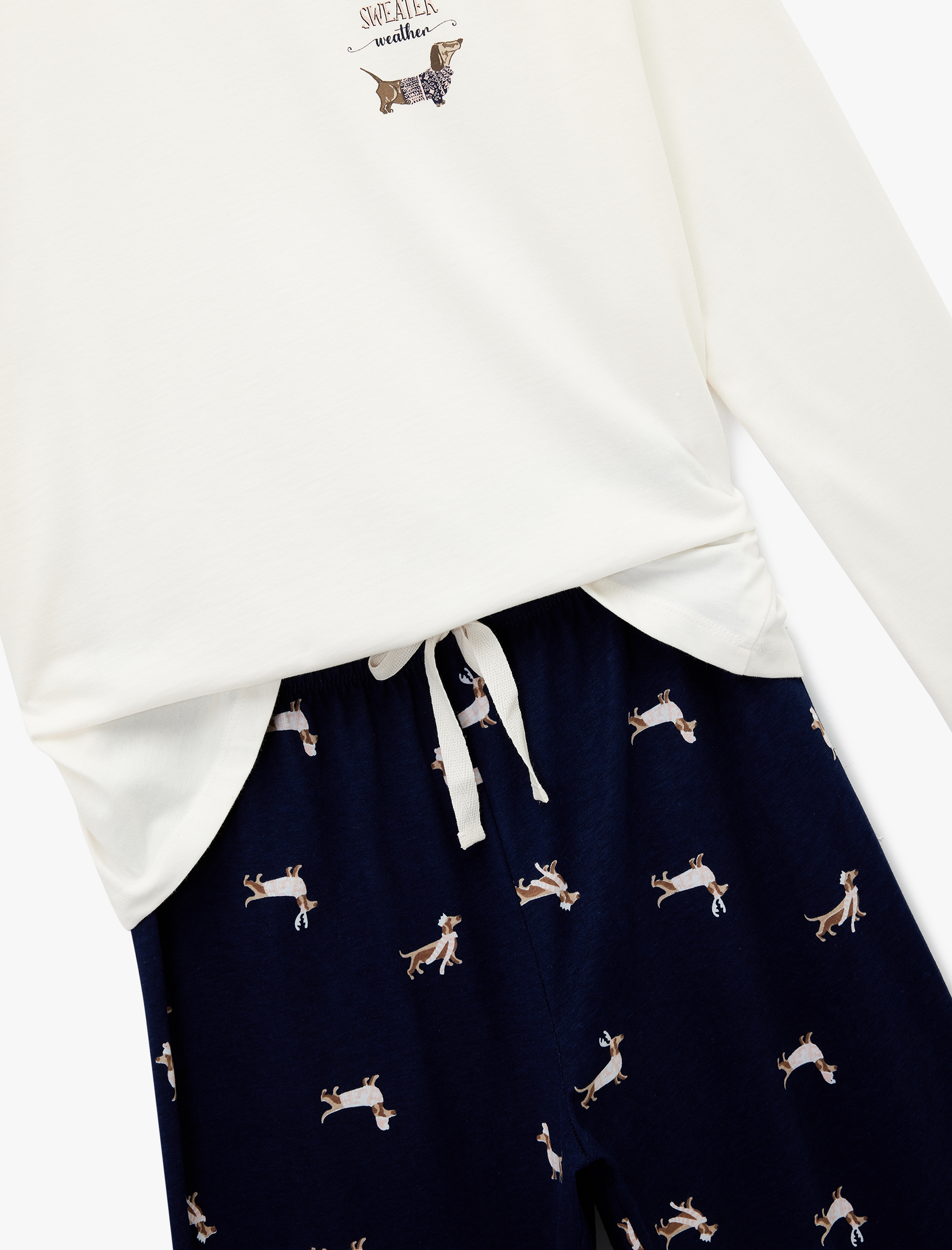   Uzun Kollu Bisiklet Yaka Köpek Desenli Pamuklu Pijama Takımı