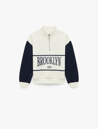 Yarım Fermuarlı Baskılı Uzun Kollu Dik Yaka Sweatshirt