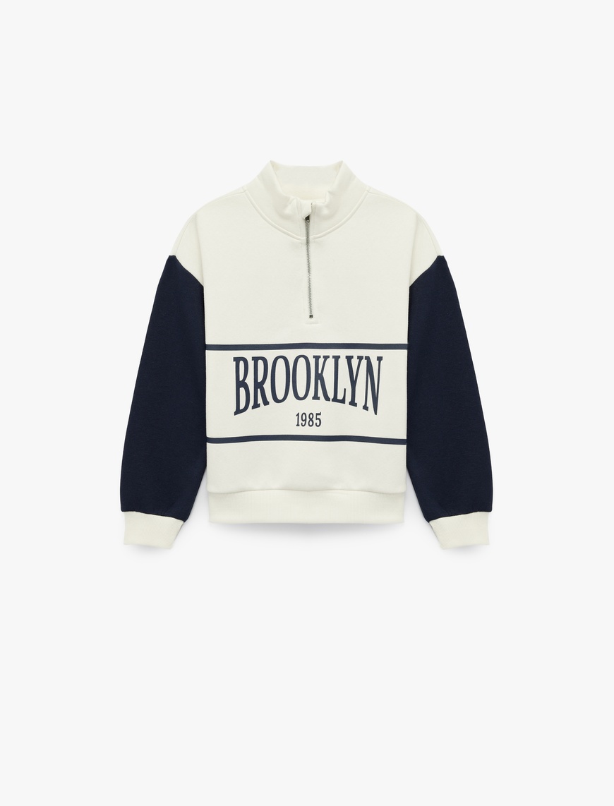 Koton Yarım Fermuarlı Baskılı Uzun Kollu Dik Yaka Şardonlu Sweatshirt