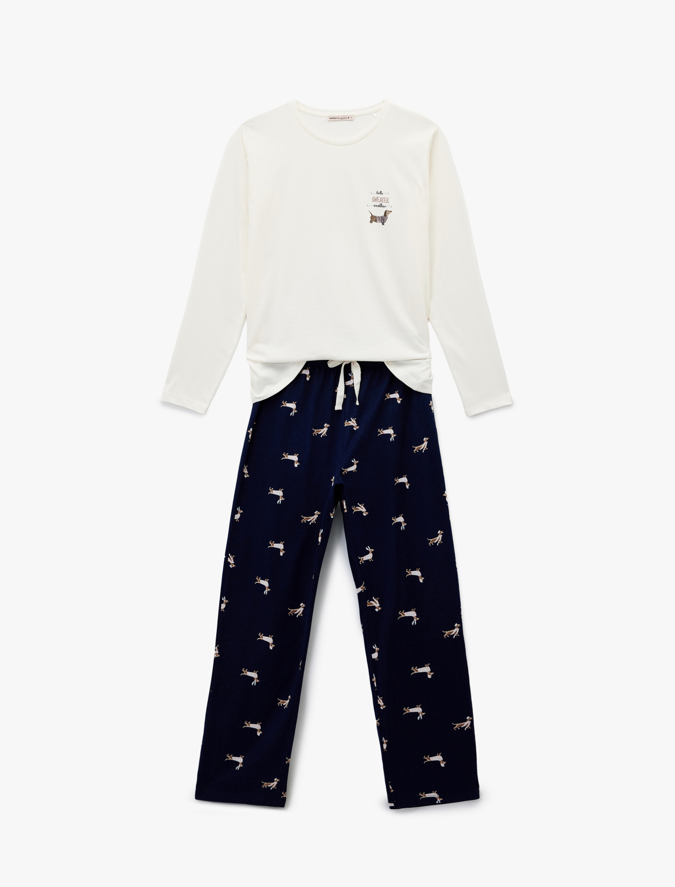   Uzun Kollu Bisiklet Yaka Köpek Desenli Pamuklu Pijama Takımı