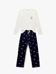 Uzun Kollu Bisiklet Yaka Köpek Desenli Pamuklu Pijama Takımı