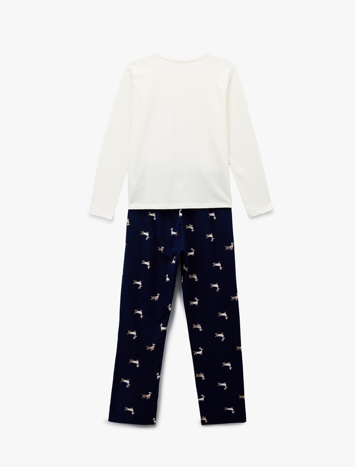  Uzun Kollu Bisiklet Yaka Köpek Desenli Pamuklu Pijama Takımı