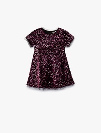 Parlak Pullu Payetli Bisiklet Yaka Kısa Kollu Elbise