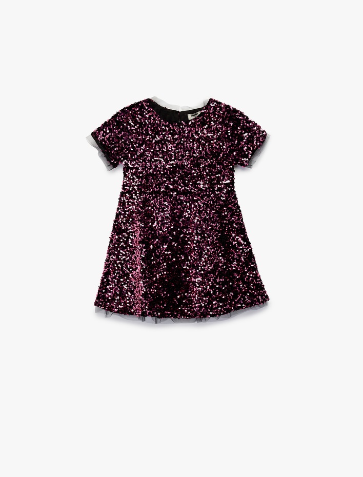 Kız Çocuk Parlak Pullu Payetli Bisiklet Yaka Kısa Kollu Elbise
