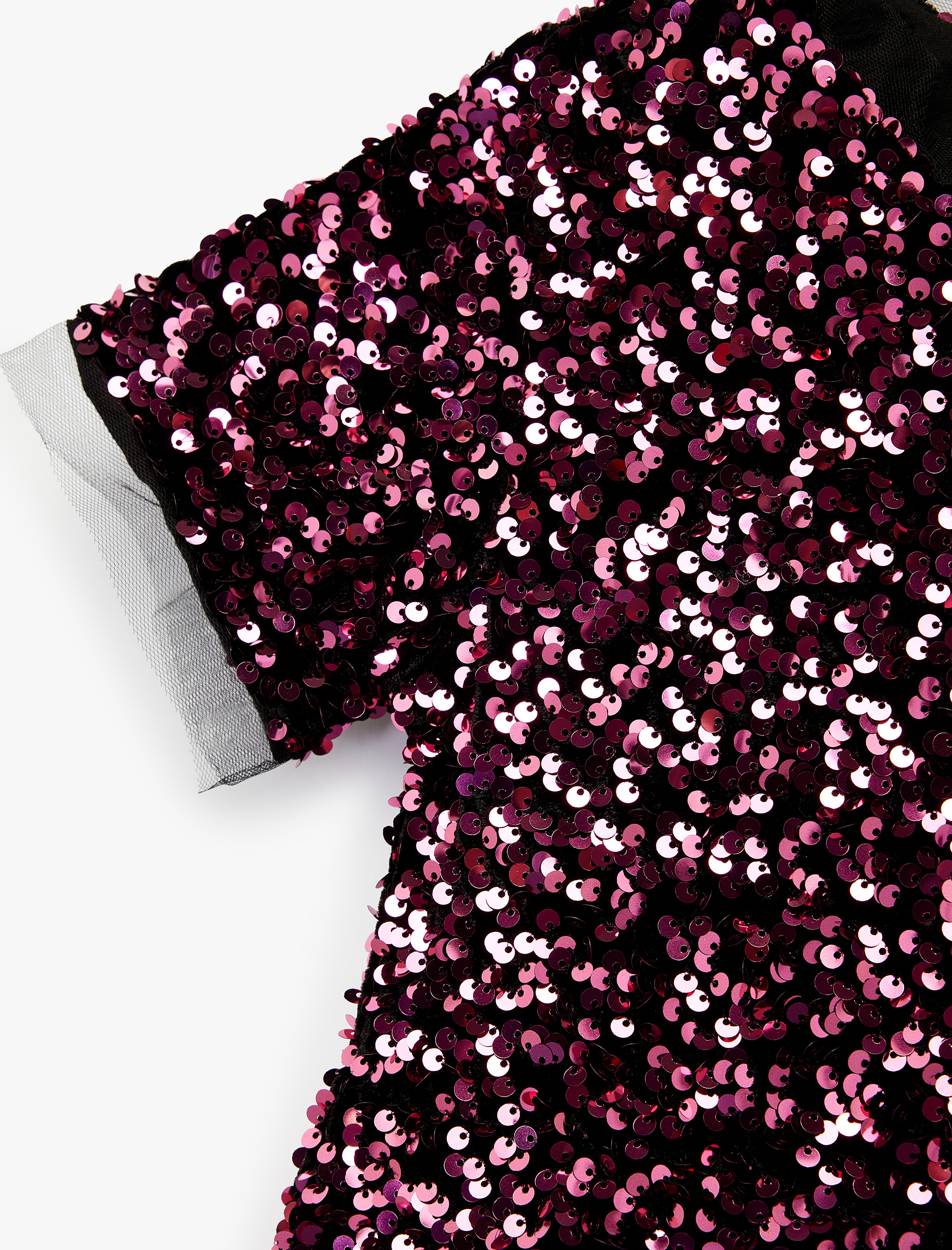  Kız Çocuk Parlak Pullu Payetli Bisiklet Yaka Kısa Kollu Elbise