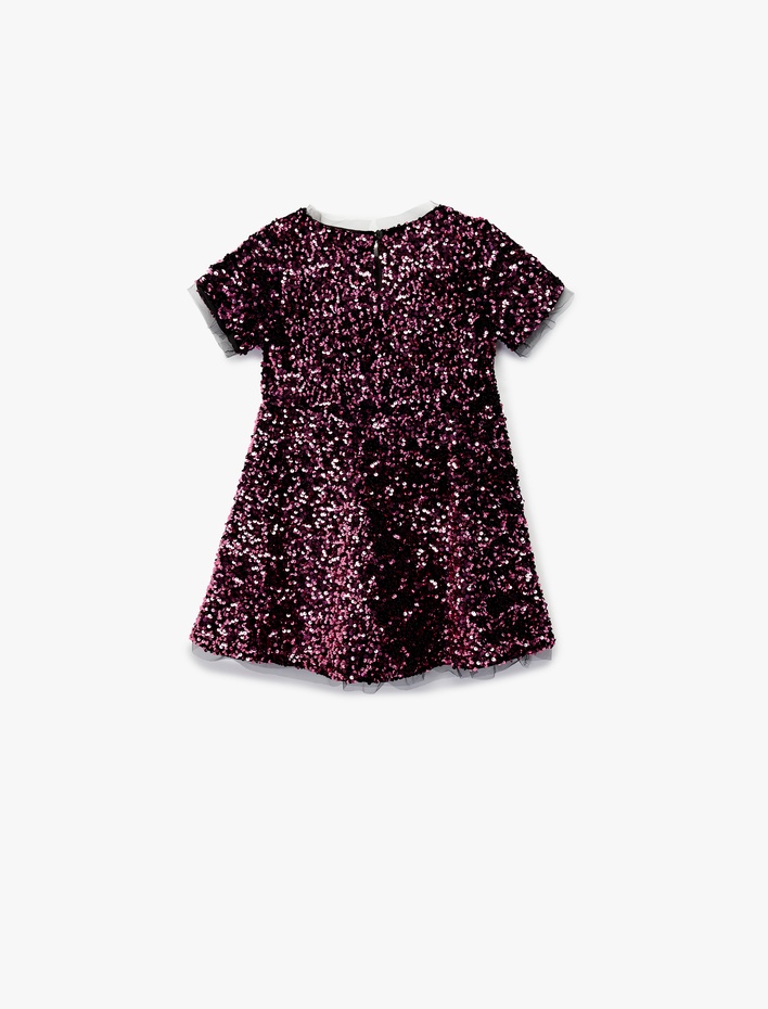 Kız Çocuk Parlak Pullu Payetli Bisiklet Yaka Kısa Kollu Elbise