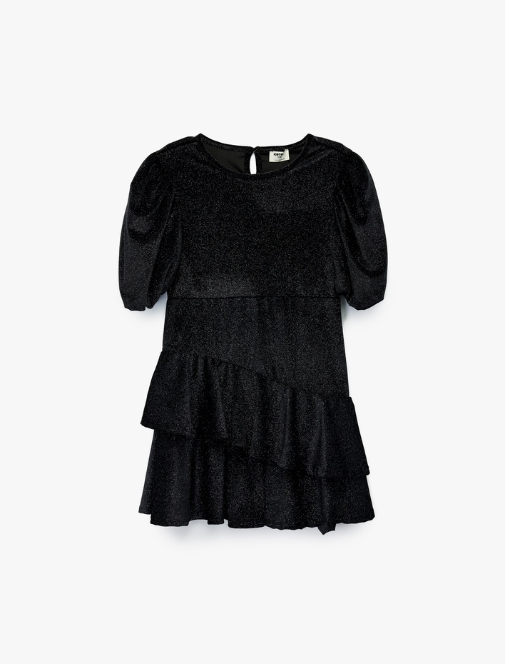 Kız Çocuk Fırfır Detaylı Kısa Kollu Bisiklet Yaka Simli Elbise