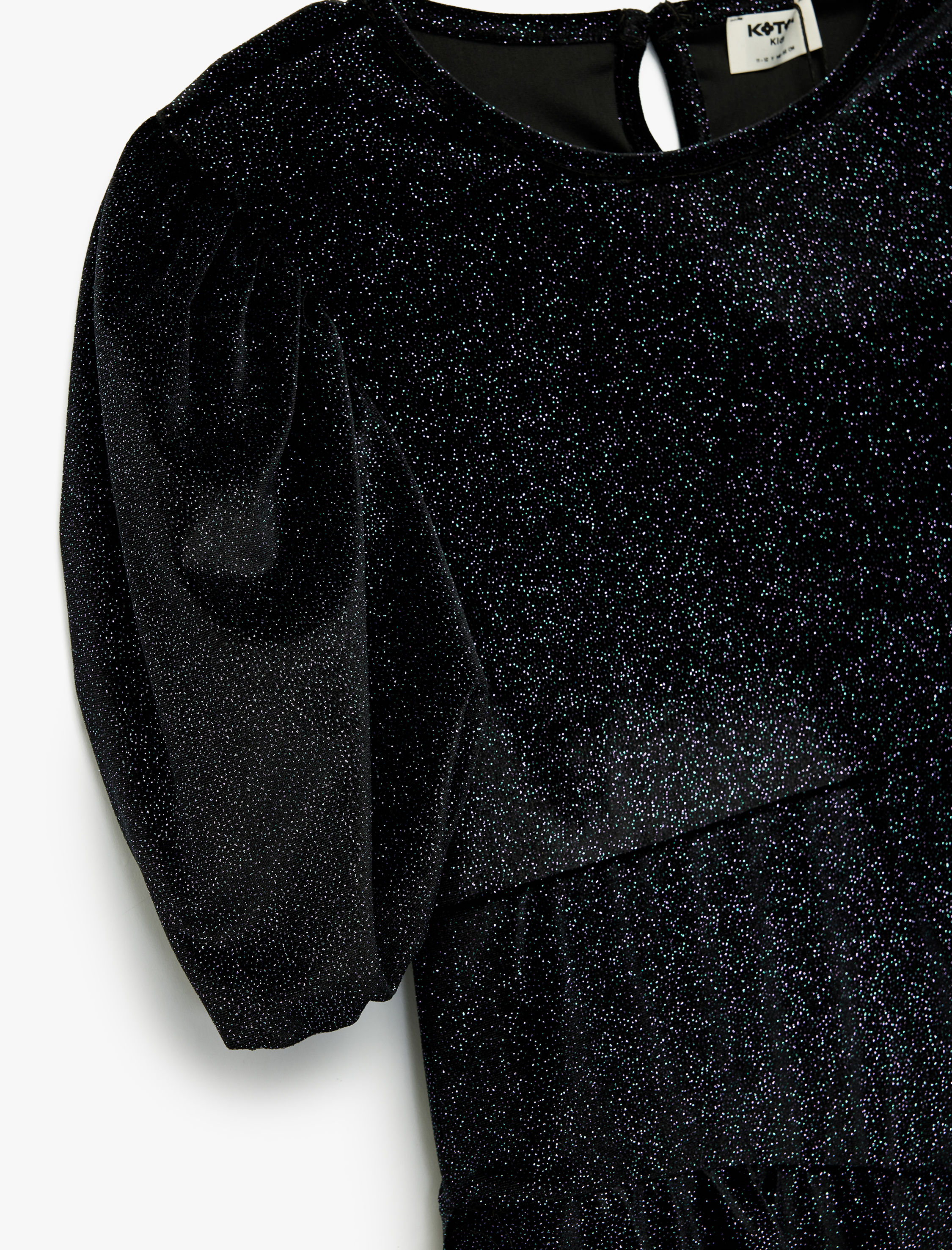  Kız Çocuk Fırfır Detaylı Kısa Kollu Bisiklet Yaka Simli Elbise