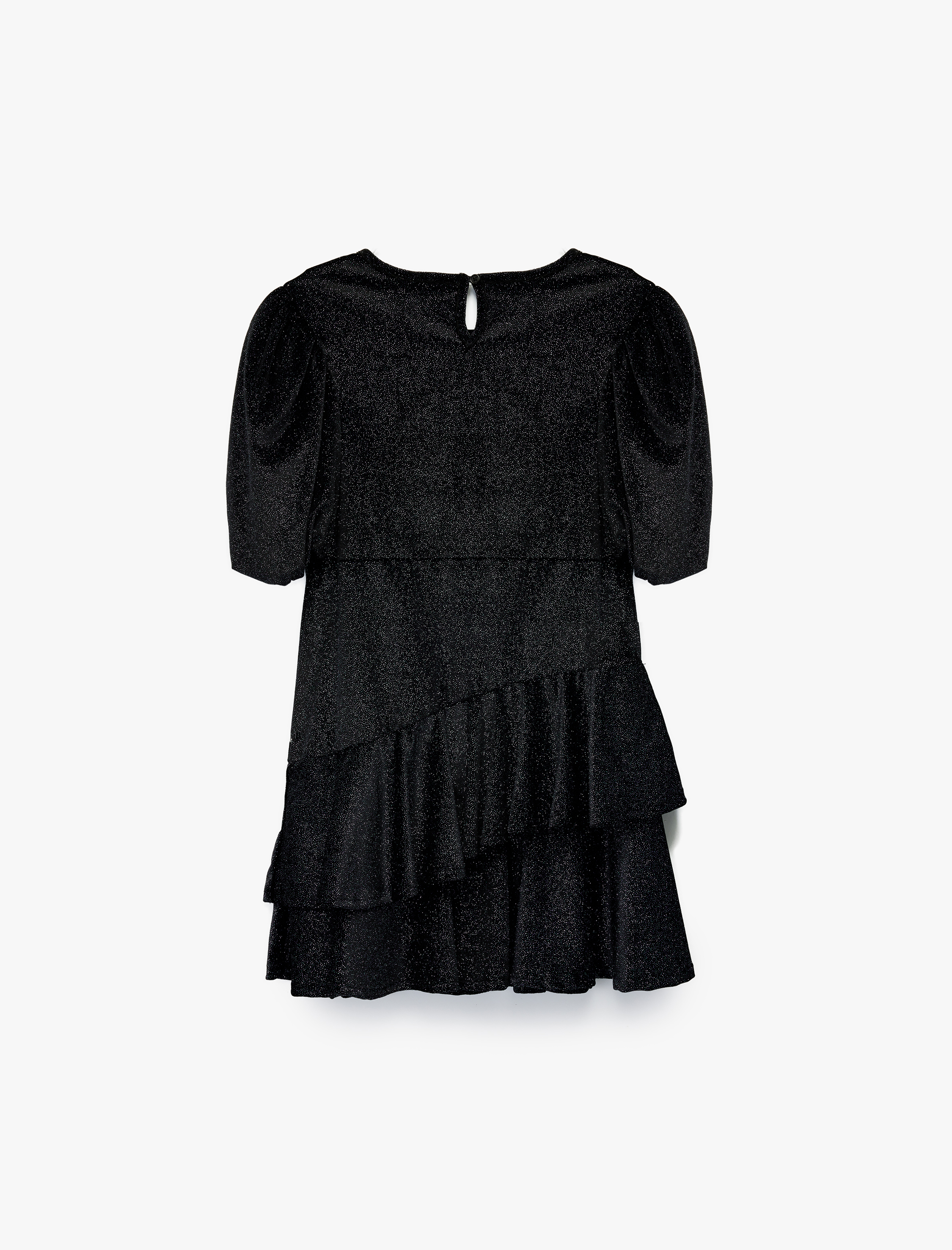  Kız Çocuk Fırfır Detaylı Kısa Kollu Bisiklet Yaka Simli Elbise