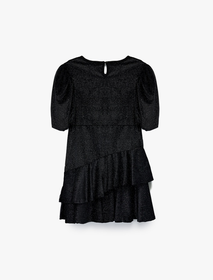 Kız Çocuk Fırfır Detaylı Kısa Kollu Bisiklet Yaka Simli Elbise