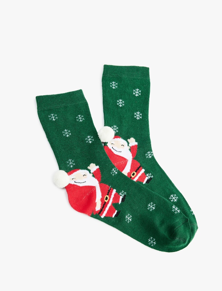 Kadın Yılbaşı Temalı Ponpon Detaylı Pamuklu Soket Çorap