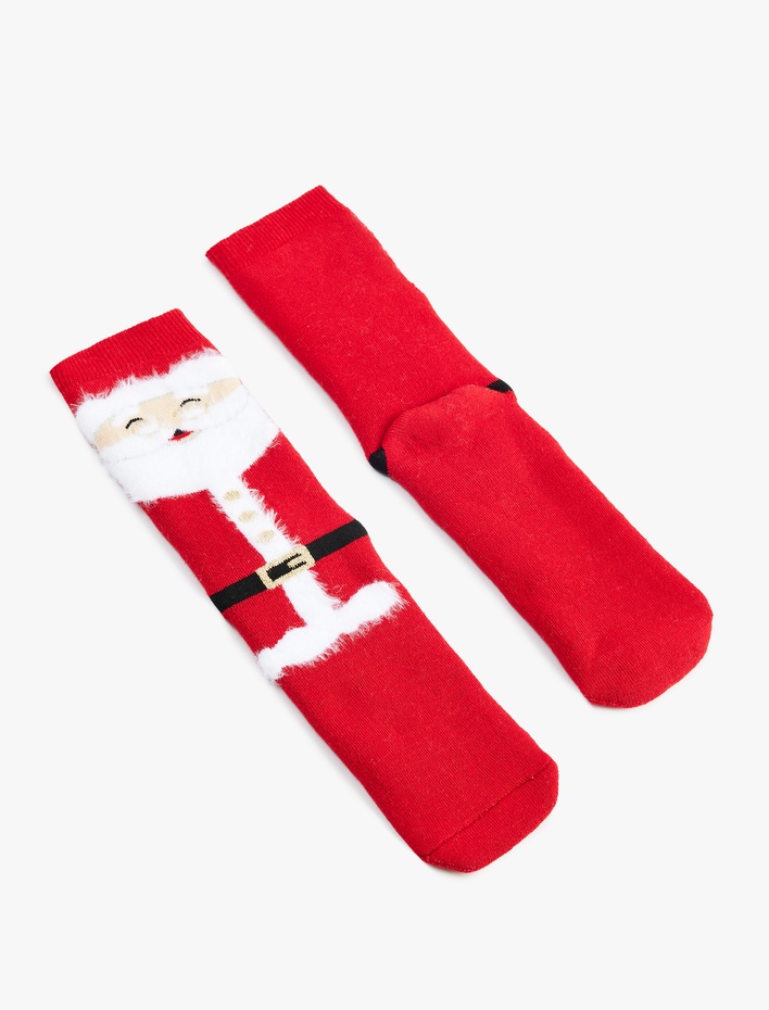 Kadın Noel Baba Baskılı Tüy Detaylı Pamuklu Havlu Soket Çorap