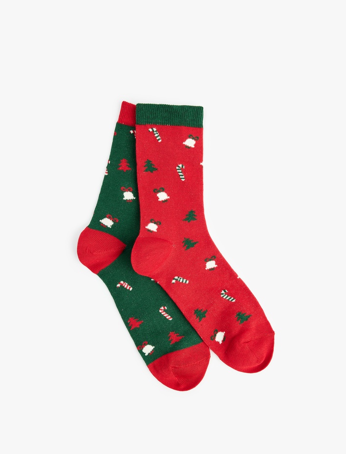 Kadın Pamuklu Yılbaşı Temalı Çok Renkli Kalın 2'li Soket Çorap Seti