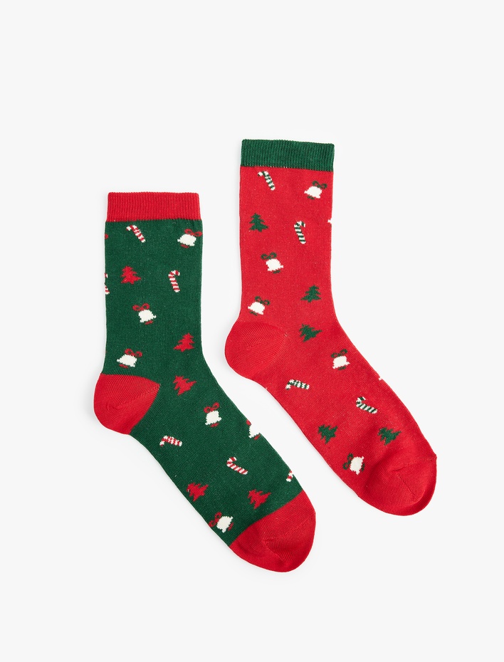 Kadın Pamuklu Yılbaşı Temalı Çok Renkli Kalın 2'li Soket Çorap Seti