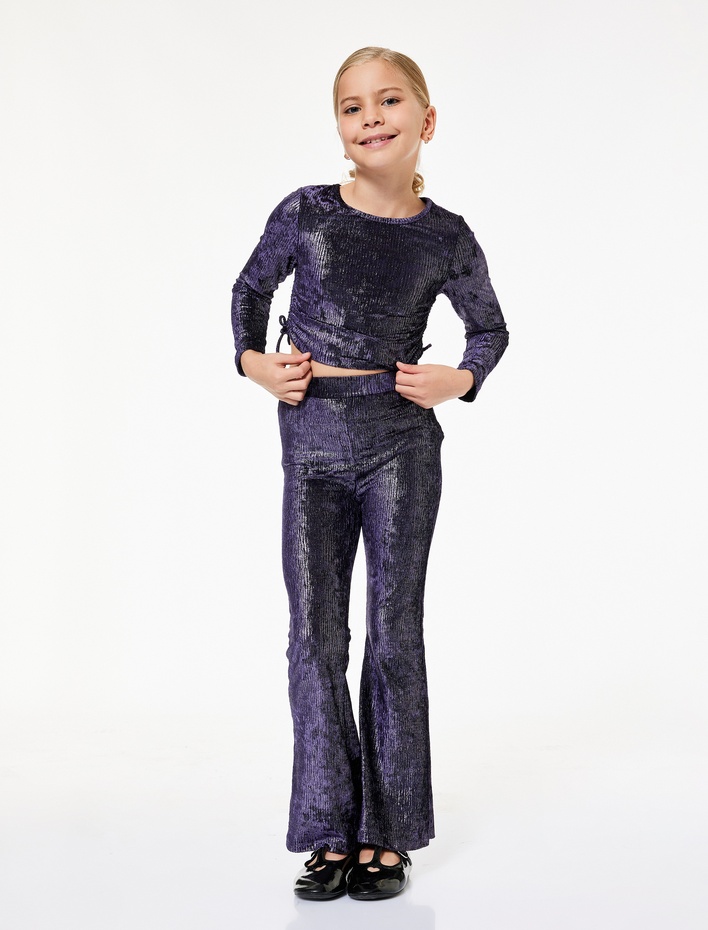 Kız Çocuk Parlak Detaylı Beli Lastikli Slim Fit İspanyol Paça Pantolon