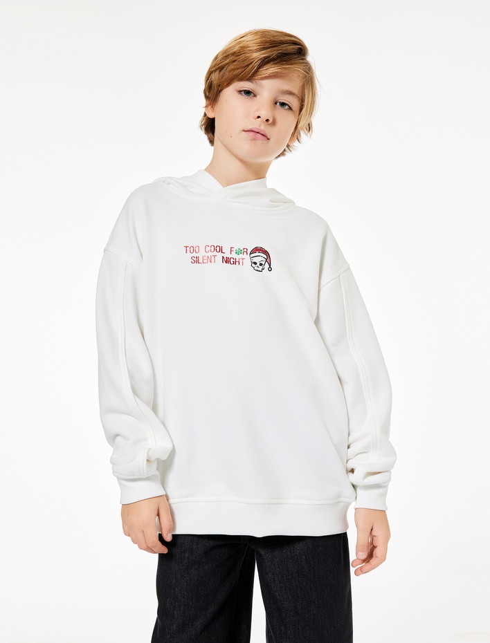 Erkek Çocuk Pamuklu Uzun Kollu Yılbaşı Temalı Baskılı Kapşonlu Sweatshirt