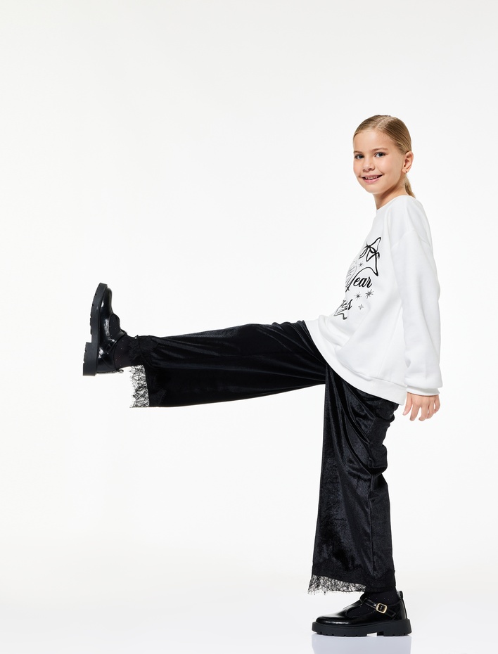 Kız Çocuk Dantel Paça Detaylı Beli Lastikli Yılbaşı Pantolon