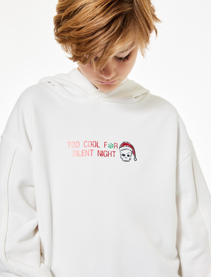 Erkek Çocuk Pamuklu Uzun Kollu Yılbaşı Temalı Baskılı Kapşonlu Sweatshirt