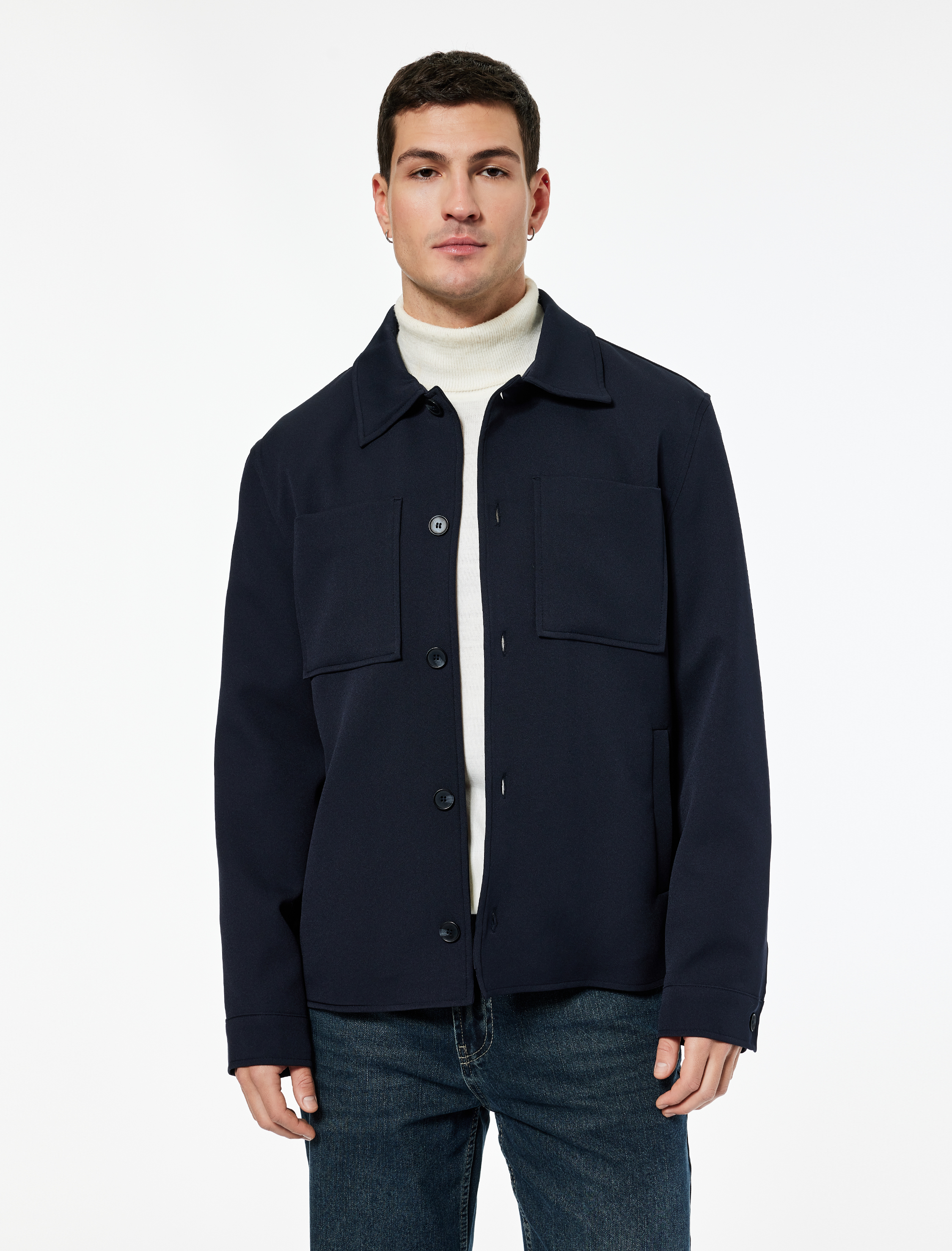 Uzun Kollu Cep Detaylı Düğmeli Gömlek Yaka Slim Fit Mevsimlik Ceket