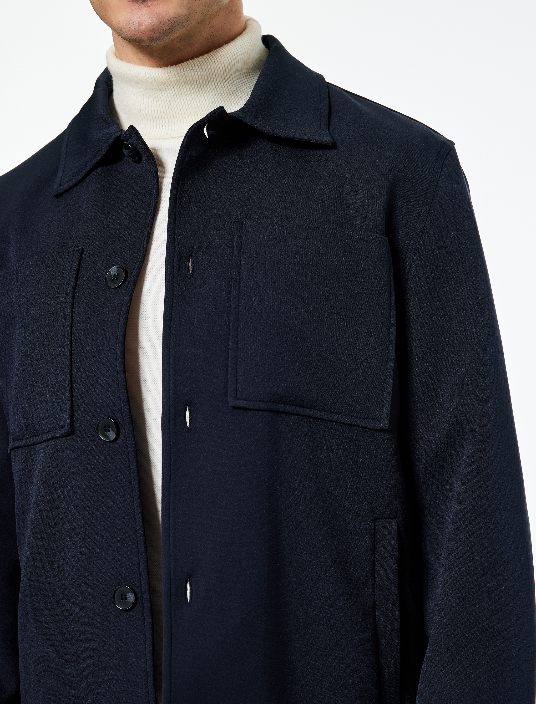 Uzun Kollu Cep Detaylı Düğmeli Gömlek Yaka Slim Fit Mevsimlik Ceket