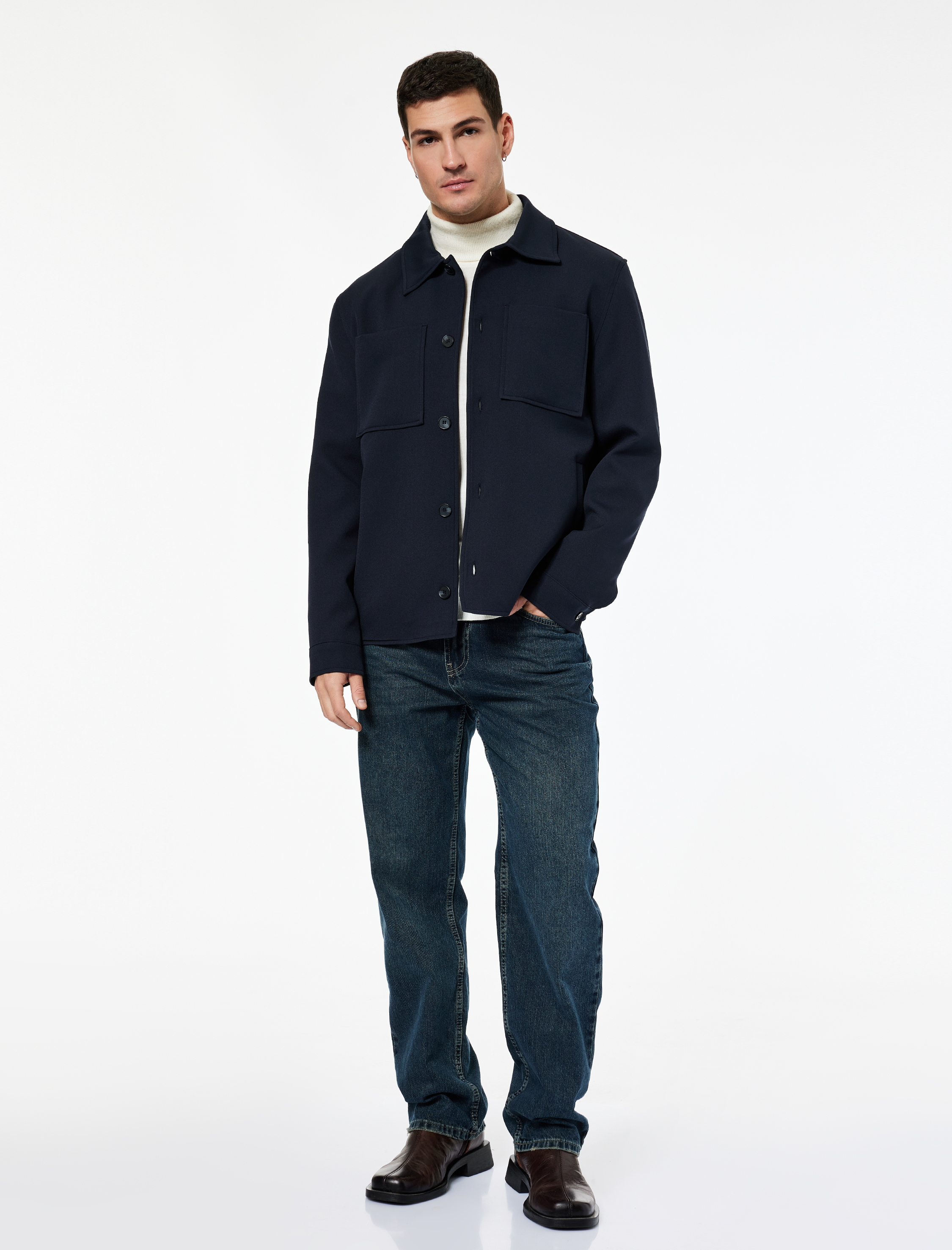 Uzun Kollu Cep Detaylı Düğmeli Gömlek Yaka Slim Fit Mevsimlik Ceket