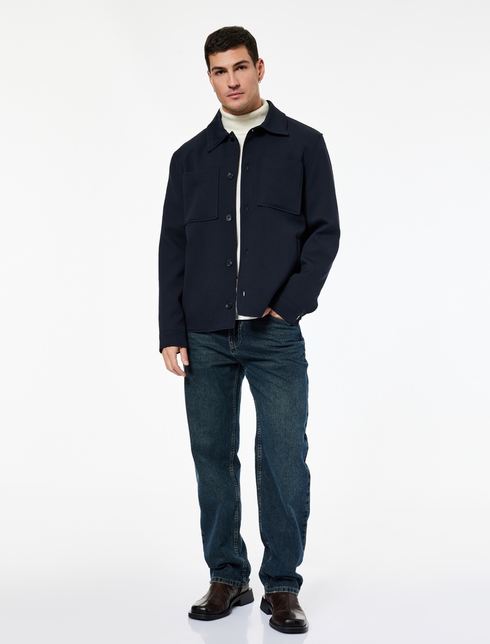  Uzun Kollu Cep Detaylı Düğmeli Gömlek Yaka Slim Fit Mevsimlik Ceket