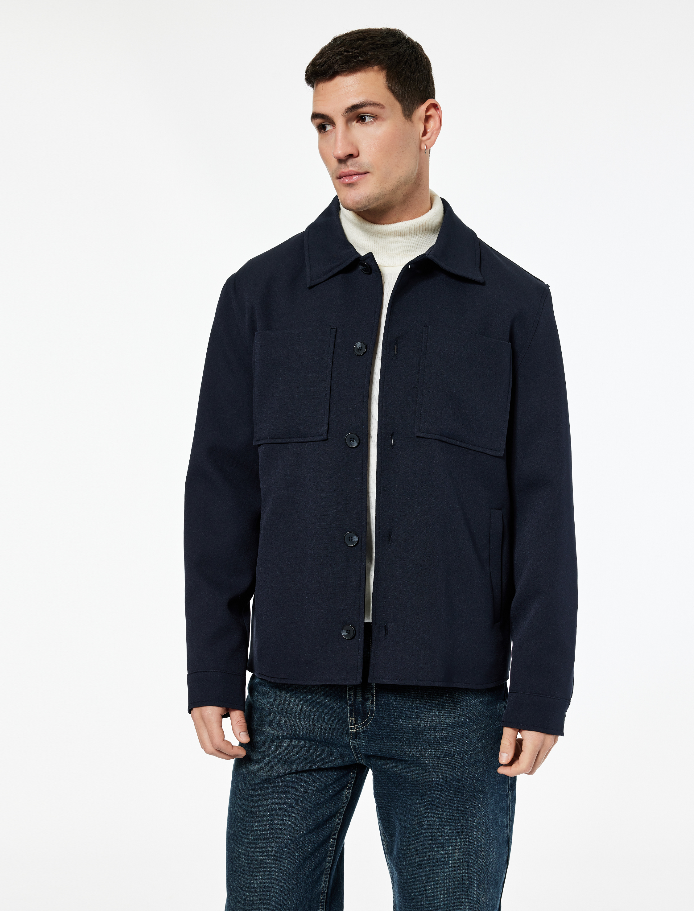 Uzun Kollu Cep Detaylı Düğmeli Gömlek Yaka Slim Fit Mevsimlik Ceket