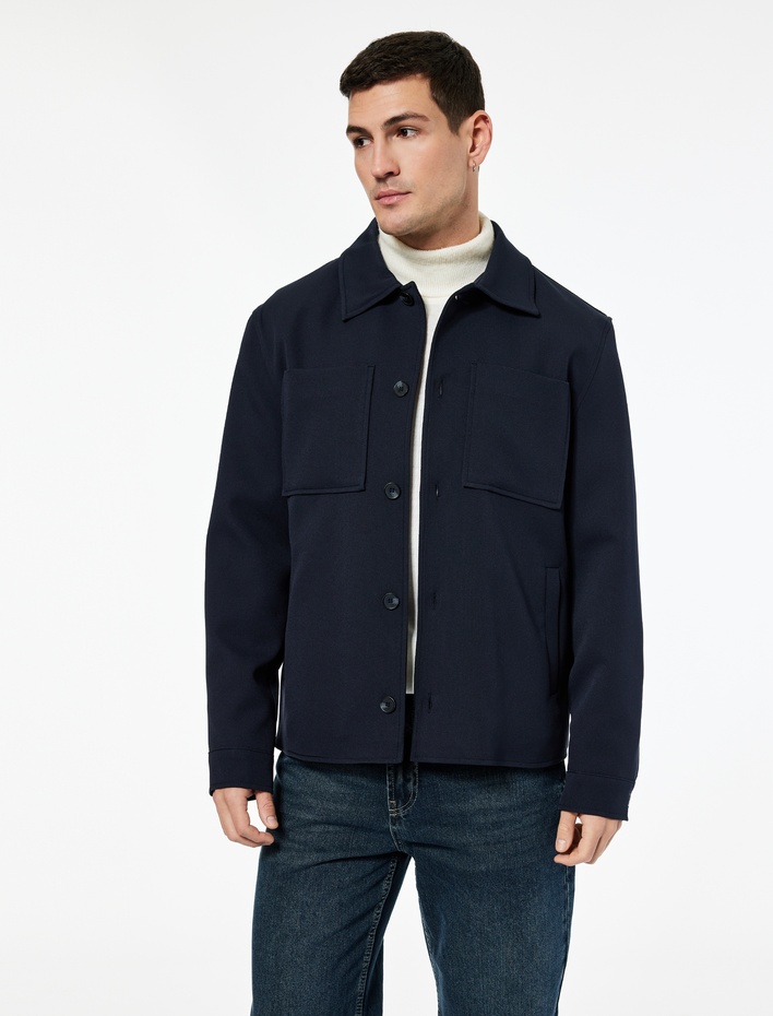  Uzun Kollu Cep Detaylı Düğmeli Gömlek Yaka Slim Fit Mevsimlik Ceket