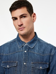 Pamuklu Uzun Kollu Kapaklı Cepli Düğmeli Gömlek Yaka Jean Ceket