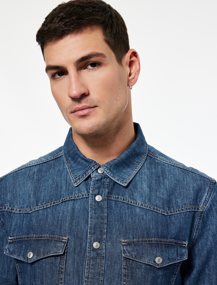  Pamuklu Uzun Kollu Kapaklı Cepli Düğmeli Gömlek Yaka Jean Ceket