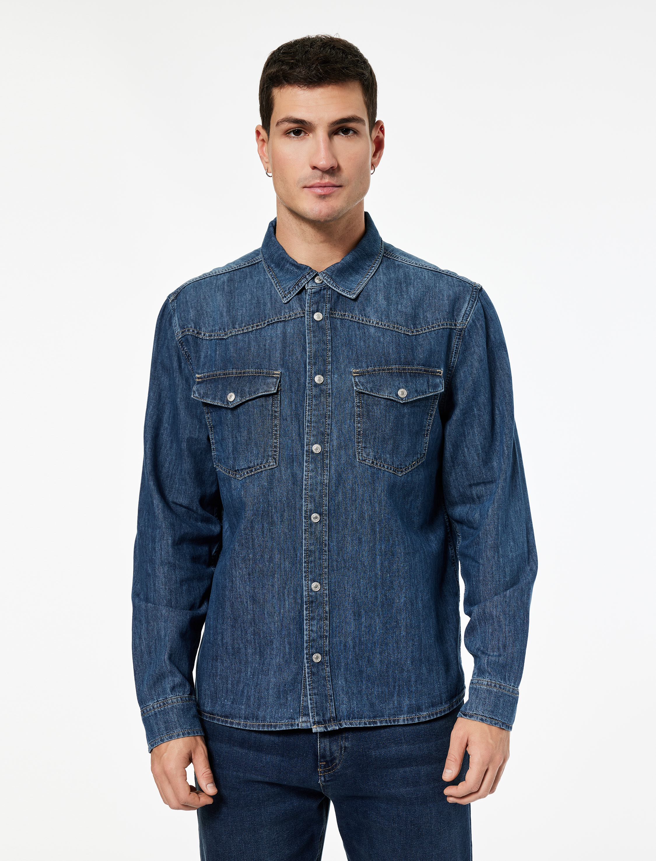   Pamuklu Uzun Kollu Kapaklı Cepli Düğmeli Gömlek Yaka Jean Ceket