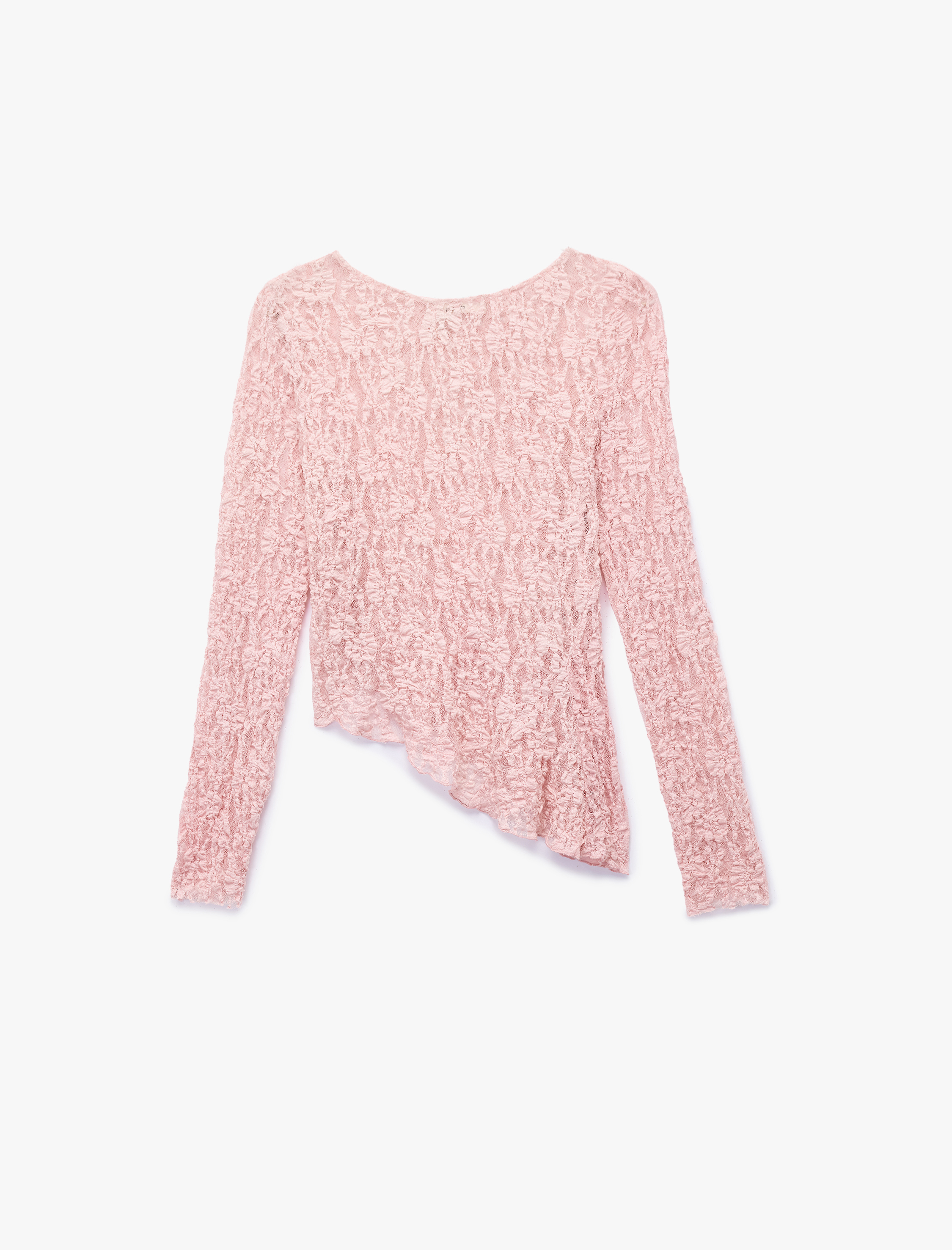   Koton X Sibil Çetinkaya - Kayık Yuvarlak Yaka Uzun Kollu Asimetrik Transparan Dantelli Bluz