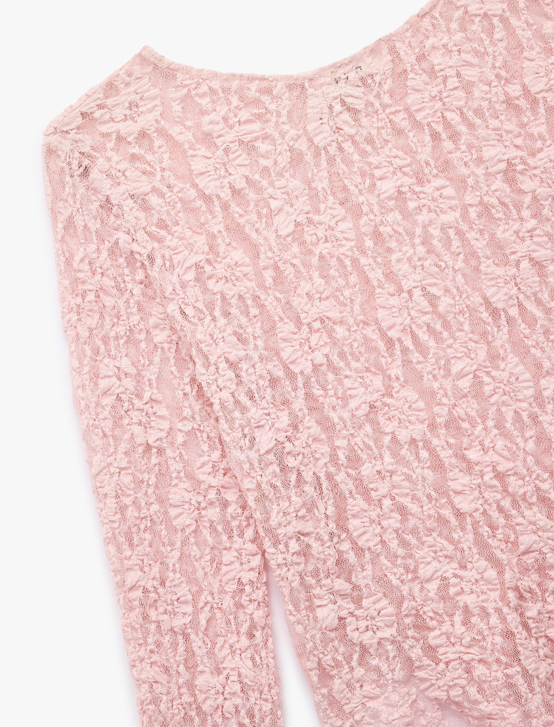   Koton X Sibil Çetinkaya - Kayık Yuvarlak Yaka Uzun Kollu Asimetrik Transparan Dantelli Bluz