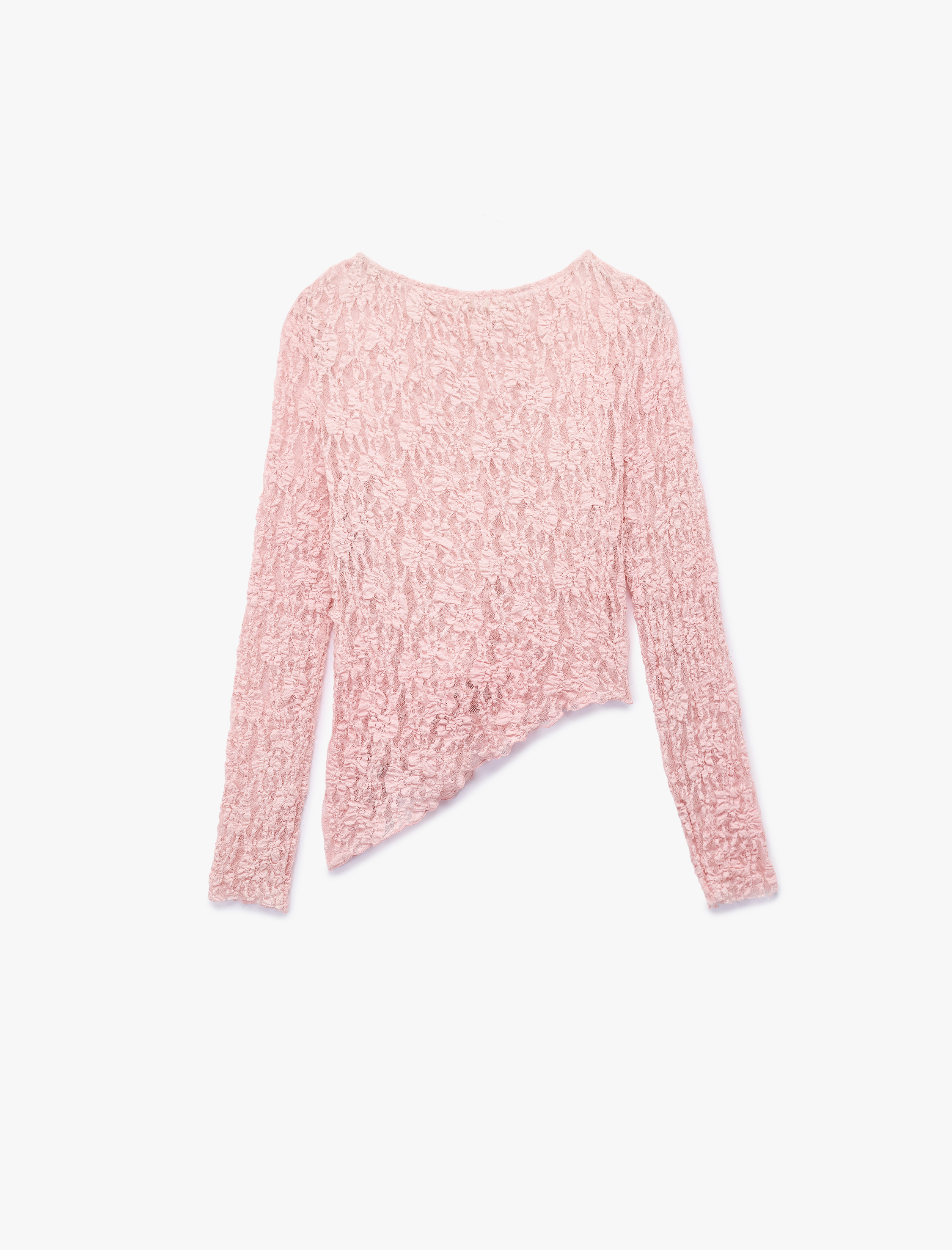   Koton X Sibil Çetinkaya - Kayık Yuvarlak Yaka Uzun Kollu Asimetrik Transparan Dantelli Bluz